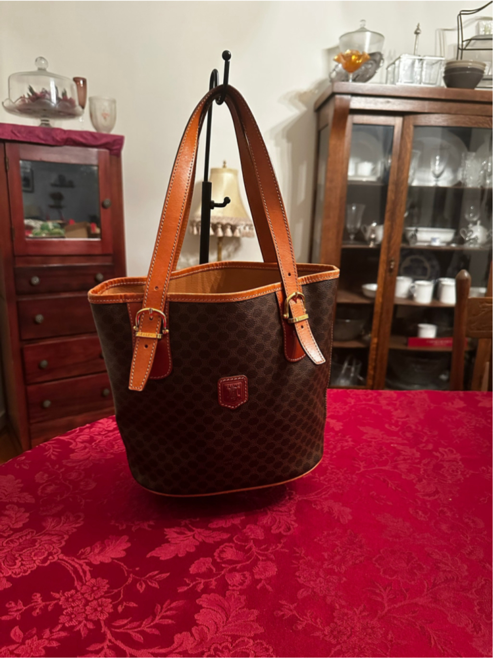 Celine Brown Macadam Coated Canvas & Tan Leather Bucket Style Tote Bag